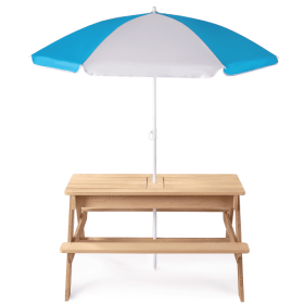 3-in-1 Kids Outdoor Wooden Picnic Table With Umbrella, Convertible Sand And Water Kettle (Option: Natural wood)