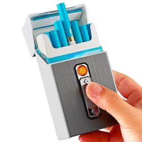 20-cigarettes Capacity Metal Cigarette Box With USB Rechargeable Safety Lighter (Color: Silvery)